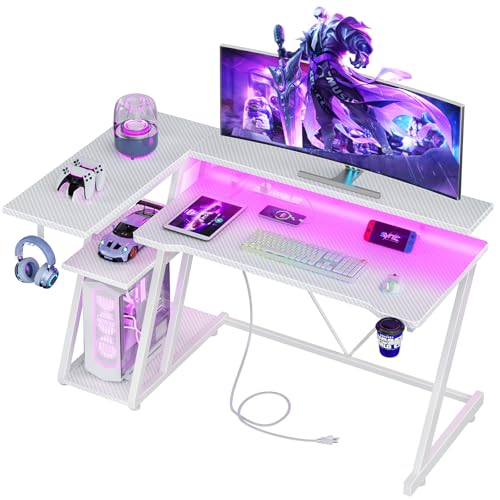 L Shaped Gaming Desk with Power Outlet and LED Lights T64283