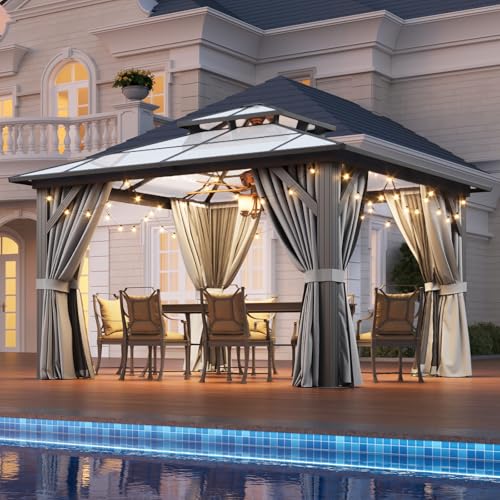 12x16 Hardtop Gazebo with Netting and Curtains, Aluminum Frame, Polycarbonate Roof N71921