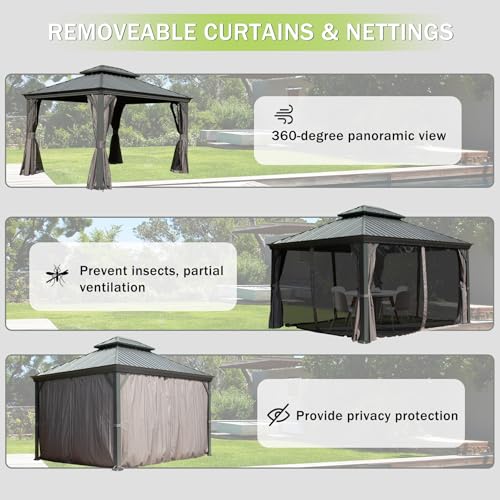 10 x 10 ft Hardtop Gazebo with Netting and Curtains, Galvanized Steel Roof for Patio and Garden X50618