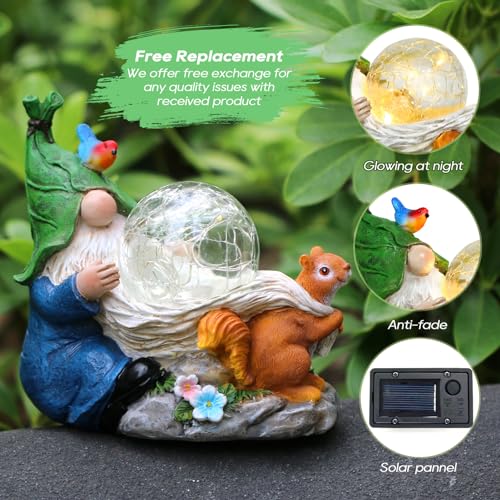 Solar Gnome Statue with Lighted Flower for Yard Decor O7431