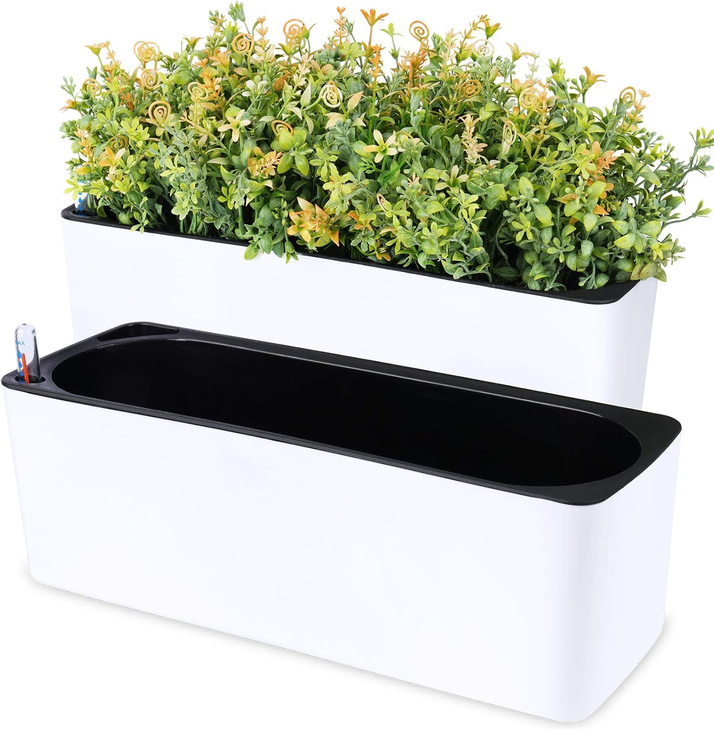 NiHome 2-Pack Self Watering Planters Rectangular 2-Layer Window Herb Planter Box for Indoor Plants Garden Balcony, Window Sill Planters with Water Gauge Indicator