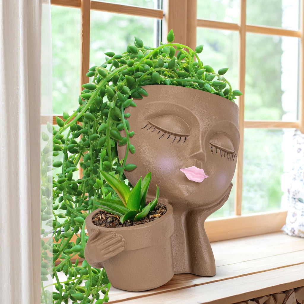 Face Planter Pot, Head Flower Pot with Drainage Hole for Indoor Outdoor Plants Y372