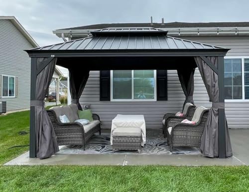 10' x 14' Permanent Hardtop Gazebo with Galvanized Steel Double Roof, Curtains and Netting Included M96664