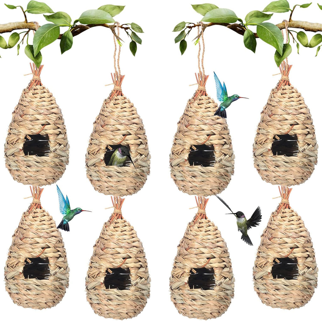 8 Pack 9.45 x 4.33 Inch Hummingbird Nest Houses for Outside Hanging, Hand Woven Humming Bird Nesting Outdoor Small Grass Natural Fiber Bird Hut Roosting Pocket for Finch Canary Chickadee, Garden Gifts