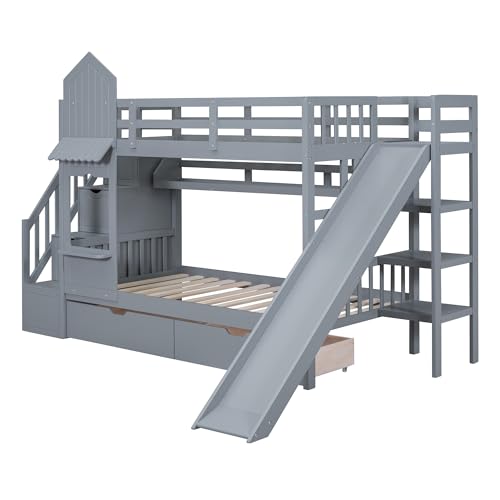 Twin Over Twin Bunk Bed with Stairs and Slide, Solid Wood Frame with Storage Y2445