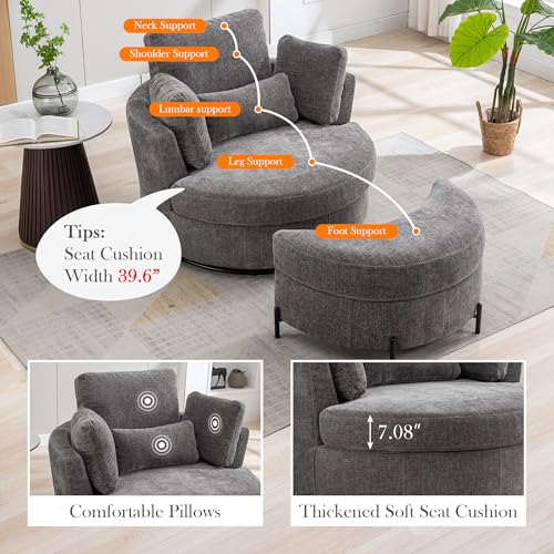 Oversized Swivel Barrel Chair with Ottoman, Chenille, Beige X252712