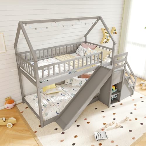 Twin Over Twin Bunk Bed with Slide and Stairs, Wood, White F9999