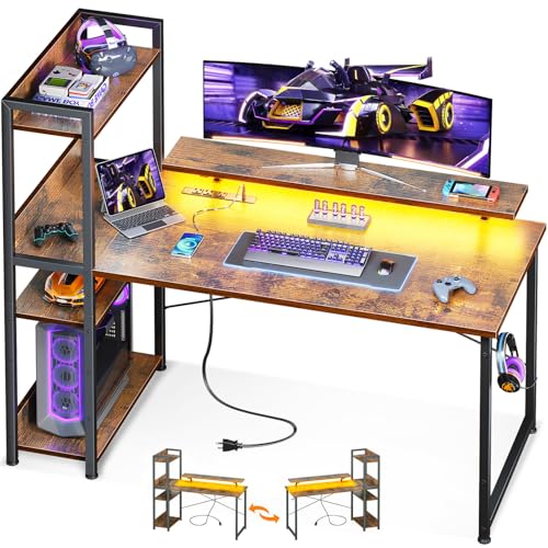 Reversible Gaming Desk with USB Charging Port and LED Lights, 40 Inch Computer Desk with Storage Shelves C134
