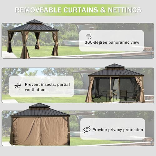 10 x 10 ft Hardtop Gazebo with Netting and Curtains, Galvanized Steel Roof for Patio and Garden X50618
