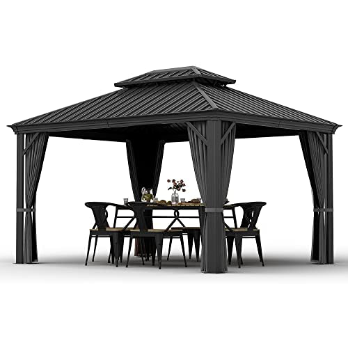 10 x 12 ft Hardtop Gazebo with Netting and Curtains, Double Roof Metal Canopy for Patio I7305