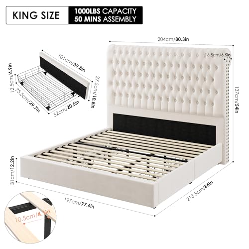 Velvet Upholstered King Bed Frame with Tall Headboard and Storage Drawers L58367