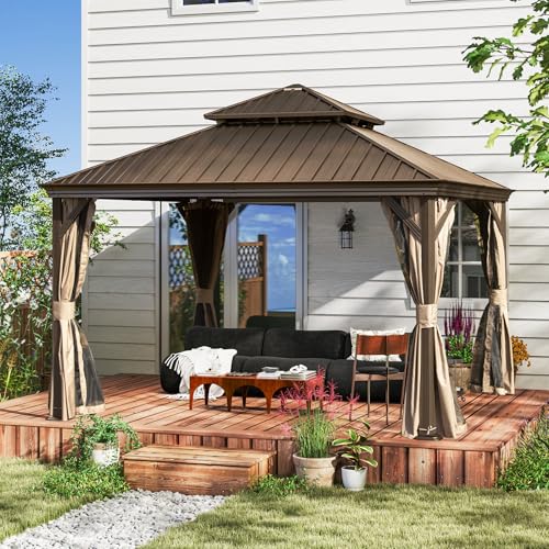 10 x 10 ft Hardtop Gazebo with Netting and Curtains, Galvanized Steel Roof for Patio and Garden X50618