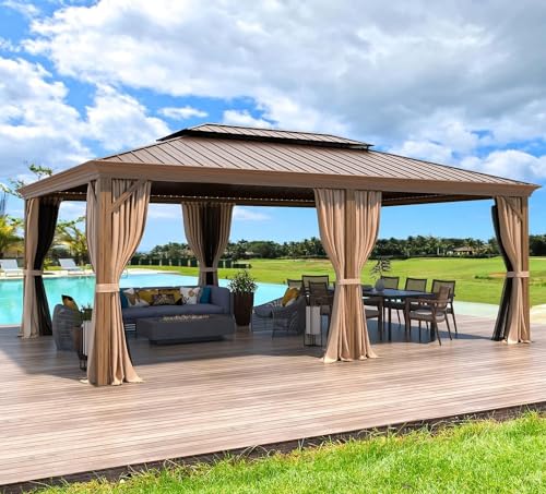 12x16 ft Hardtop Gazebo with Galvanized Steel Roof, Curtains and Netting V821