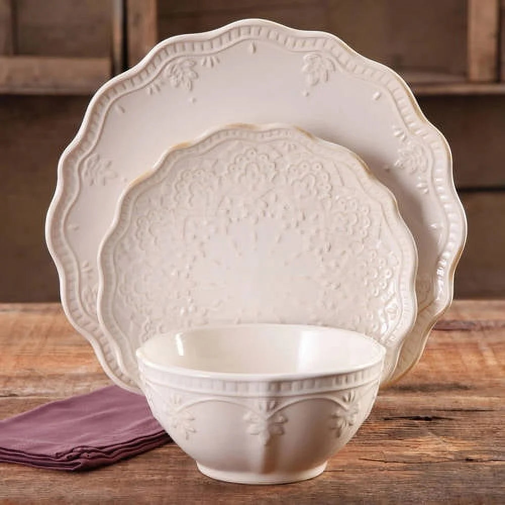 Farmhouse Lace 12-Piece Dinnerware Set, Linen X354