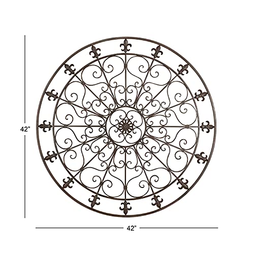 Metal Fleur De Lis Circle Wall Sculpture with Scrollwork, Black S3104