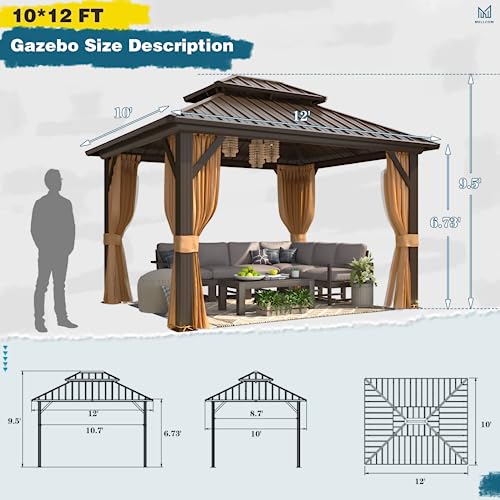 10'x13' Hardtop Gazebo with Polycarbonate Double Roof, Aluminum Frame, Curtains and Netting N263