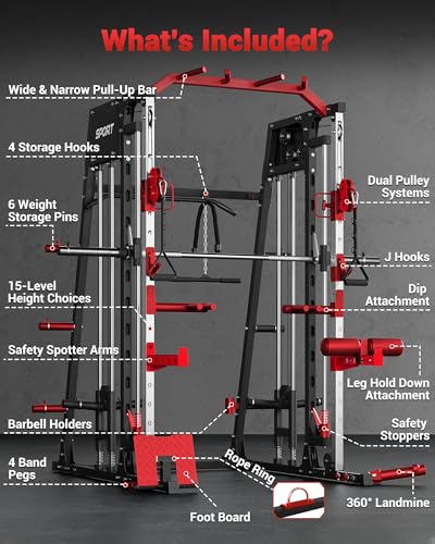 Smith Machine Home Gym All in One Squat Rack Power Cage with LAT Pull-Down and Cable Systems X5458
