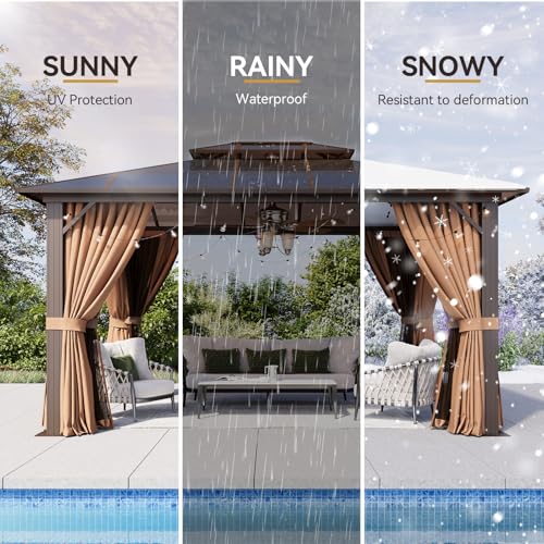 12x16 Hardtop Gazebo with Netting and Curtains, Aluminum Frame, Polycarbonate Roof N71921