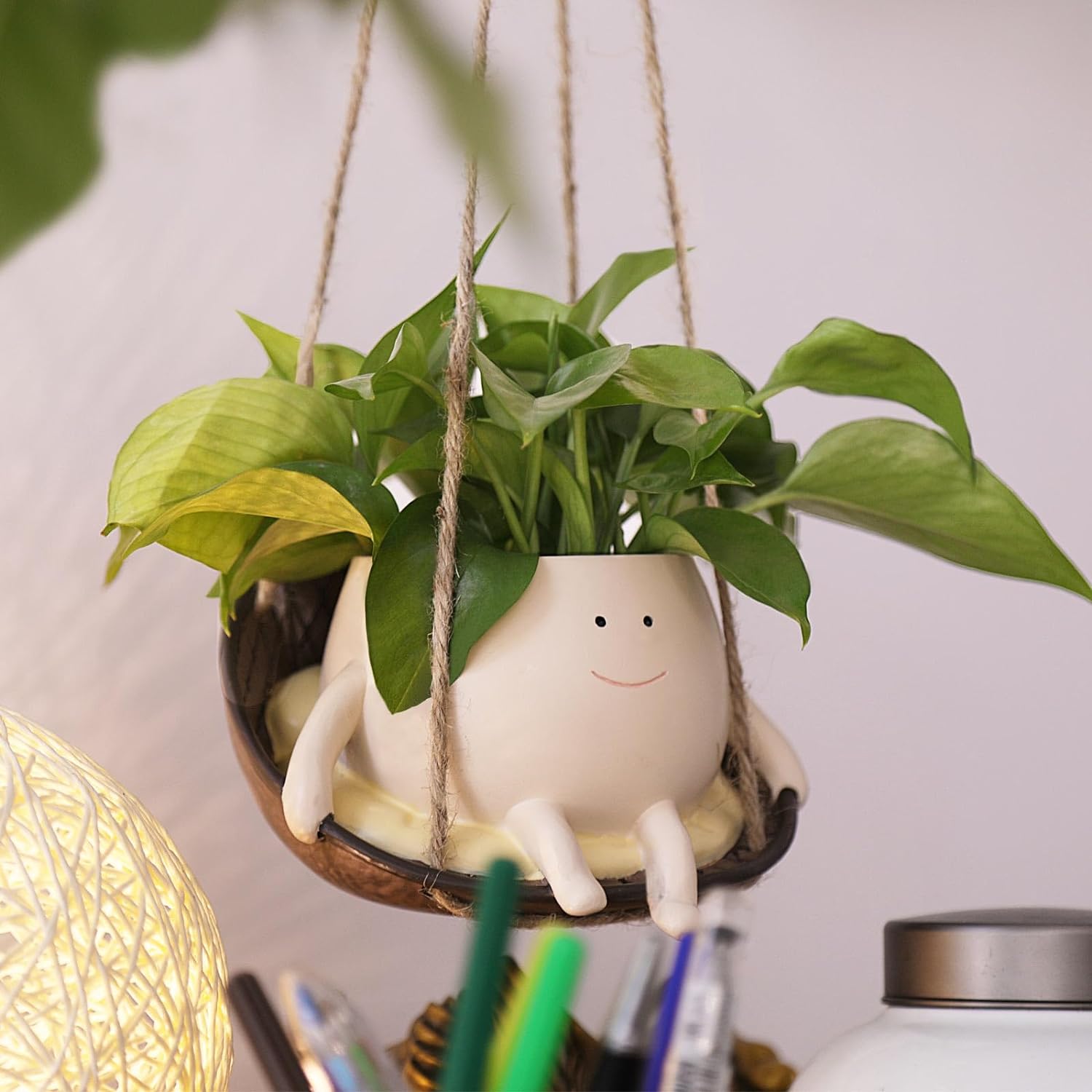 Hanging Swing Chair Planter Pot Smile Face Plant Pot for Indoor Outdoor Plants Cute Head Flower Pots for Succulent String of Pearls Unique Gift on Mother's Day, Birthday, Christmas