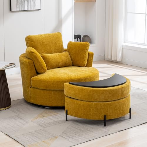 Oversized Swivel Barrel Chair with Ottoman, Chenille, Beige X252712