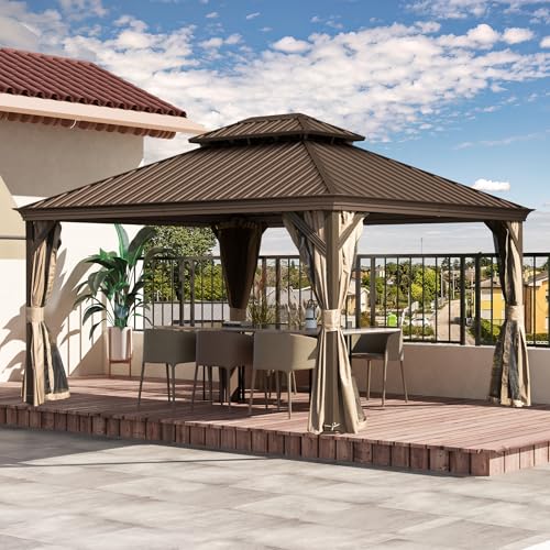 10 x 10 ft Hardtop Gazebo with Netting and Curtains, Galvanized Steel Roof for Patio and Garden X50618