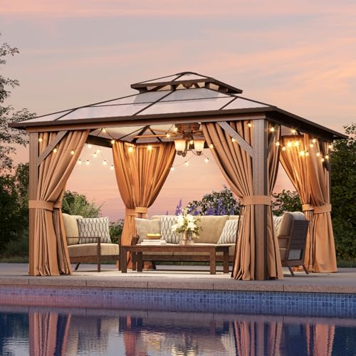 12x16 Hardtop Gazebo with Netting and Curtains, Aluminum Frame, Polycarbonate Roof N71921