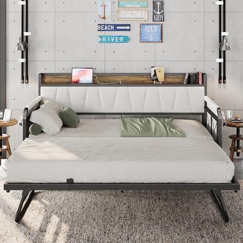 Daybed with Trundle and Storage Headboard, Twin Size, Grey M473750