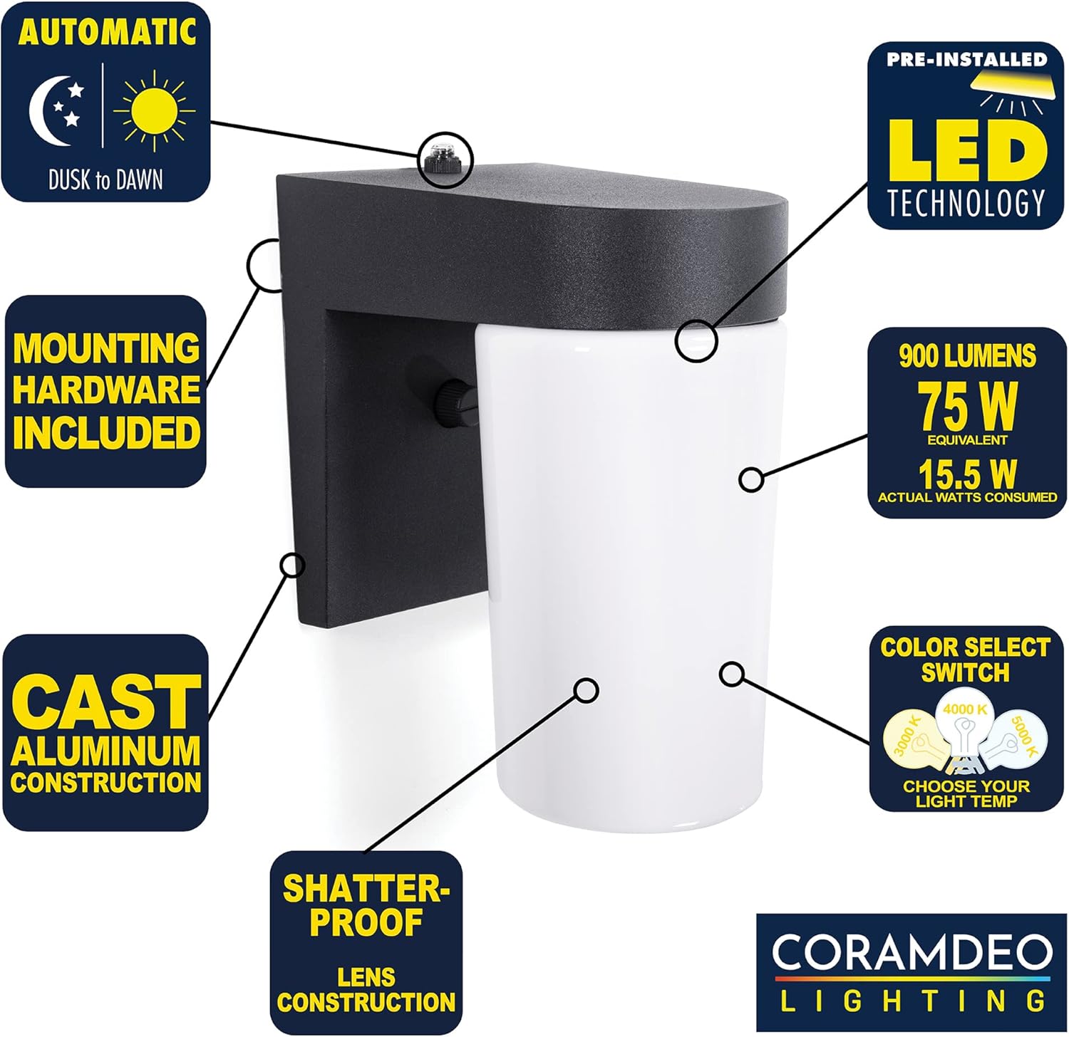 Modern LED Jelly Jar Light, Dusk to Dawn Photocell, Wet Location, 900 Lumens, Black Cast Aluminum R13353