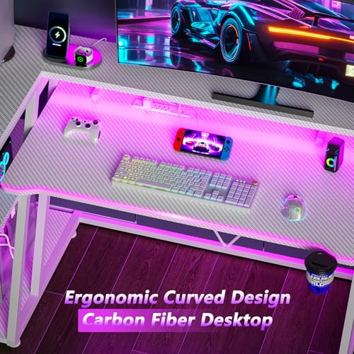 L Shaped Gaming Desk with Power Outlet and LED Lights T64283