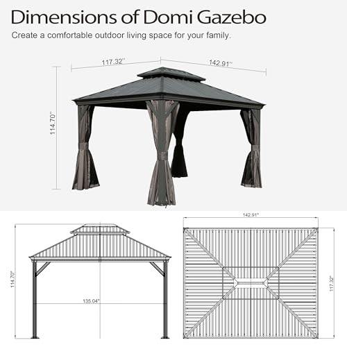 10 x 10 ft Hardtop Gazebo with Netting and Curtains, Galvanized Steel Roof for Patio and Garden X50618