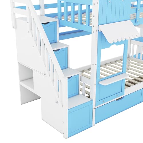 Kids Bunk Bed with Stairs and Slide, Twin Over Twin, Gray E77813