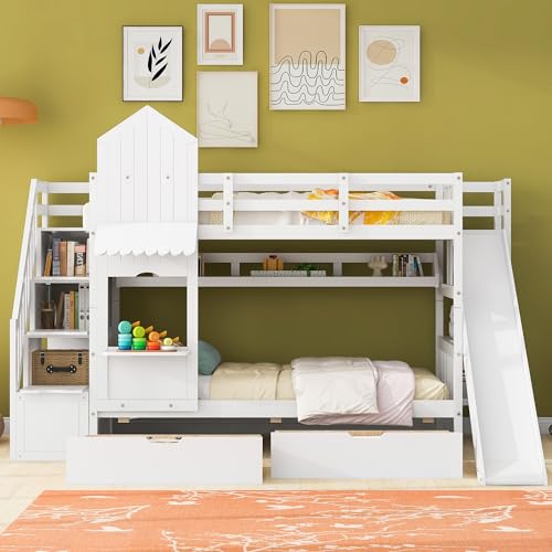 Twin Over Twin Bunk Bed with Stairs and Slide, Solid Wood Frame with Storage Y2445