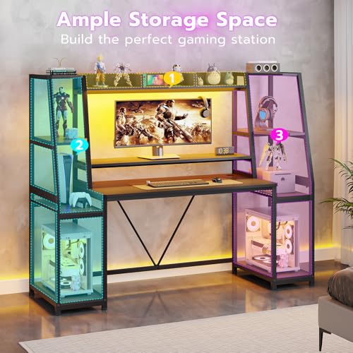Gaming Desk with LED Lights, Hutch and Storage Shelves, Black R364