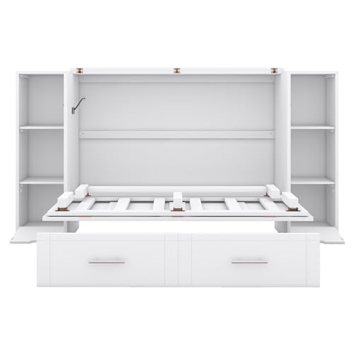 Murphy Bed Chest with Shelves, Foldable Wood Platform Bed Frame I45495