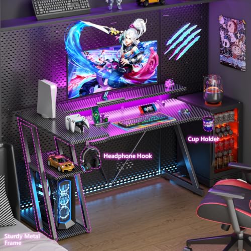 L Shaped Gaming Desk with Power Outlet and LED Lights T64283