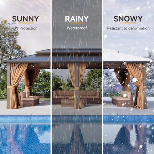 12x16 Hardtop Gazebo with Netting and Curtains, Aluminum Frame, Polycarbonate Roof N71921