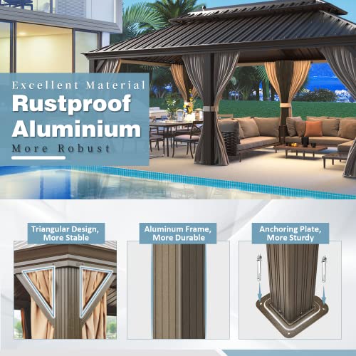 12x16 ft Hardtop Gazebo with Galvanized Steel Roof, Curtains and Netting V821