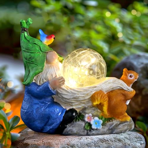 Garden Gnomes Statue Outdoor Decor ,Solar Gnome Statues with Lighted Flower & Butterfly for yard Decoration, 10.5 " Resin Garden Statues Gnome Decor for Outside, Funny Gnomes Gardening Gifts for Women