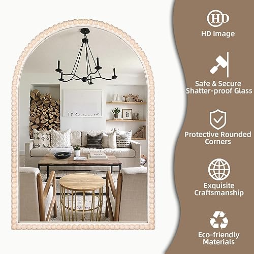 24"x36" Arch Wall Mirror with White Wooden Beads, Rustic Distressed S935