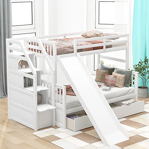 Twin Over Full Bunk Bed with Slide and Stairs for Kids E212