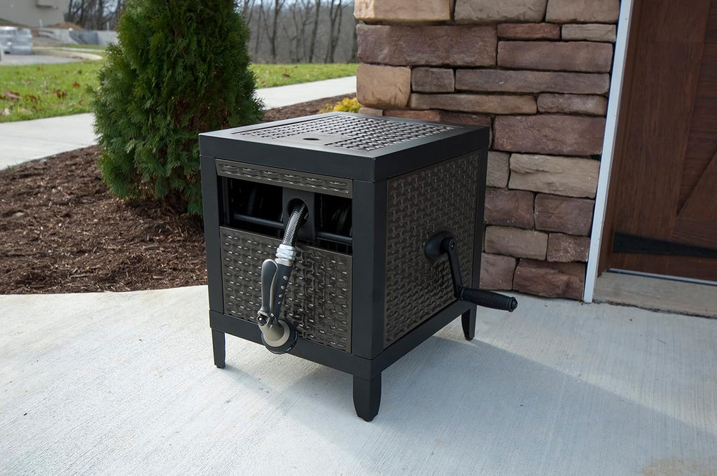 Hose Reel Cabinet Box, 100 Ft Capacity, Wicker Look, Auto Track Rewinding, Black Metal N2738