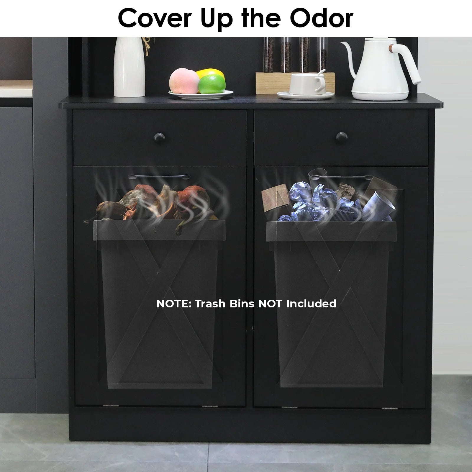 Kitchen Pantry Storage Cabinet, Double Tilt Out Trash Cabinet with Drawers and Shelves T2143