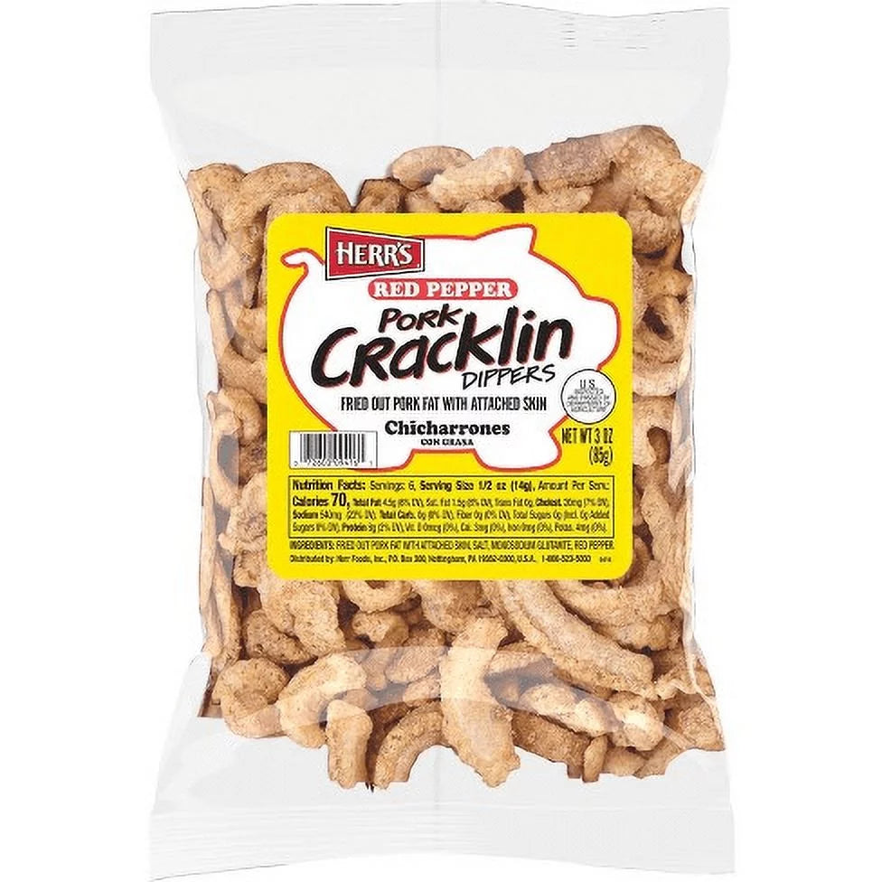 Herr's Original Dipper Pork Cracklins Seasoned with Red Pepper, 6-Pack 3 oz. Single Serve Bags