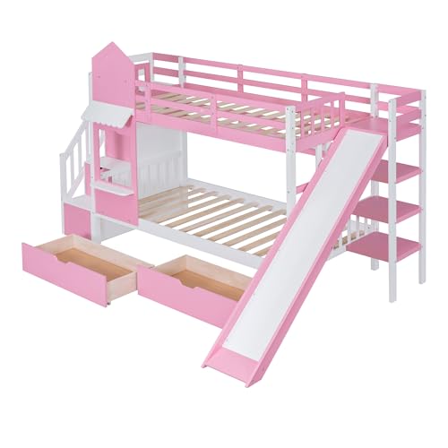 Twin Over Twin Bunk Bed with Stairs and Slide, Solid Wood Frame with Storage Y2445