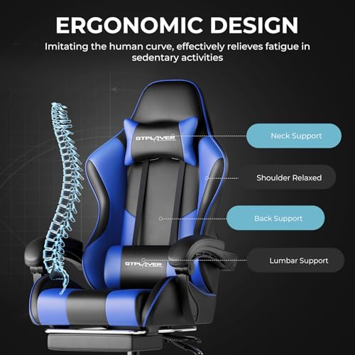 Gaming Chair with Footrest and Lumbar Support, Height Adjustable, 360° Swivel, Blue U7447