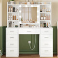 Vanity Desk with Mirror and Lights, Power Outlet, Makeup Vanity with 9 Drawers & 6 Open Storage Shelves, 3 Lighting Modes Brightness Adjustable, White