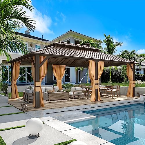 10'x13' Hardtop Gazebo with Polycarbonate Double Roof, Aluminum Frame, Curtains and Netting N263