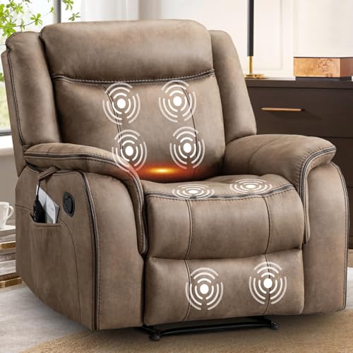 Massage Recliner Chair with Heated, Faux Leather Recliner Chairs for Adults, 39" Manual Reclining Ergonomic Lounge Chair for Living Room with Overstuffed Backrest, Side Pocket, Nut Brown