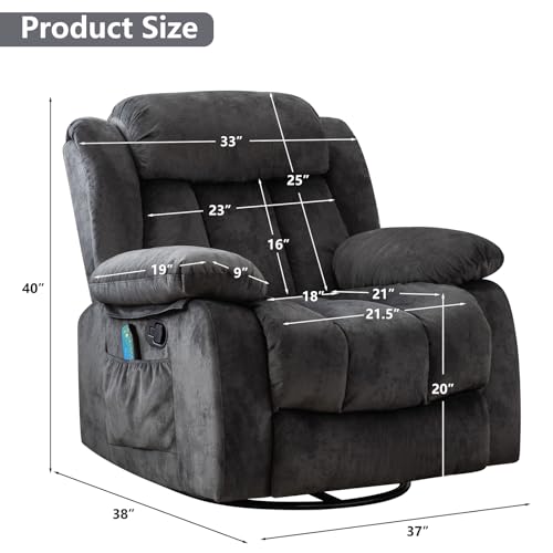 Massage Swivel Rocker Recliner Chair with Heat and Vibration, 360 Degree Swivel Manual Recliners, Grey Y4896