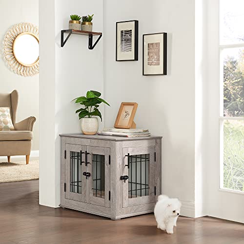 Wooden Dog Crate End Table with Double Doors and Pet Bed T245171